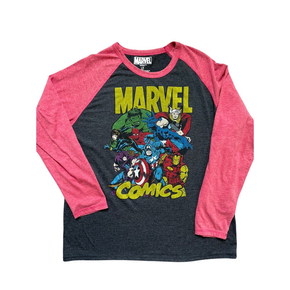 Marvel Raglan Shirt Graphic Tee Modern Mens Large Gray Red Avengers Superhero LG